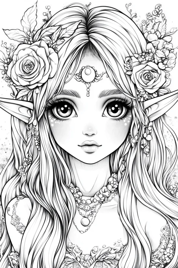 Cute elf girl with rose flower crown and leaf decorations, cartoon illustration style — free printable fantasy coloring book page