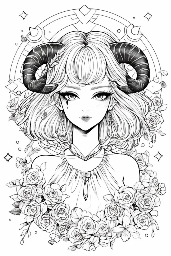 Curly-haired girl with ram horns, surrounded by blooming roses — free printable flowers coloring book page