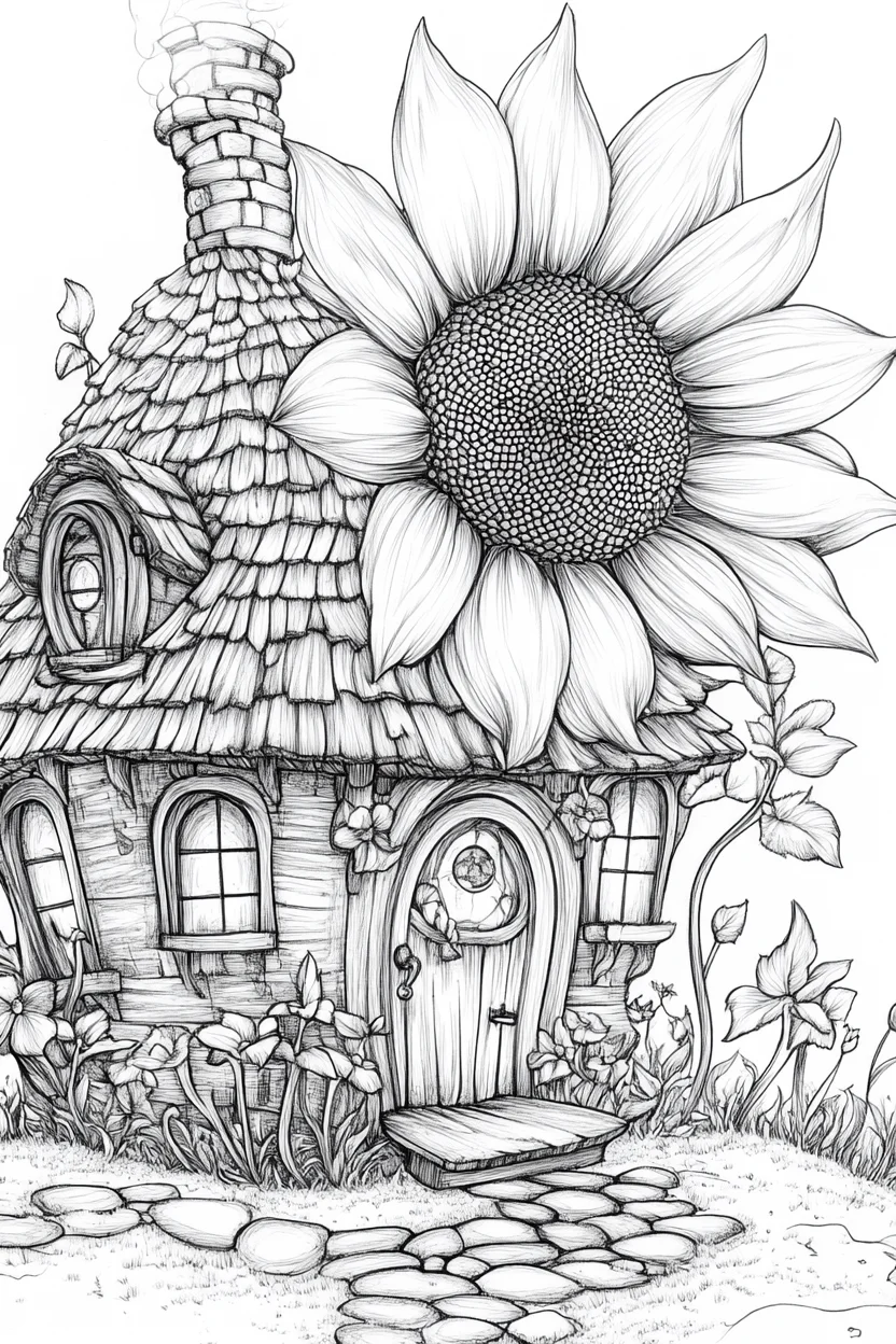 Sunflower fairy tale cottage, fairy tale style — moderate detail — line art coloring page — for kids and adults of all ages