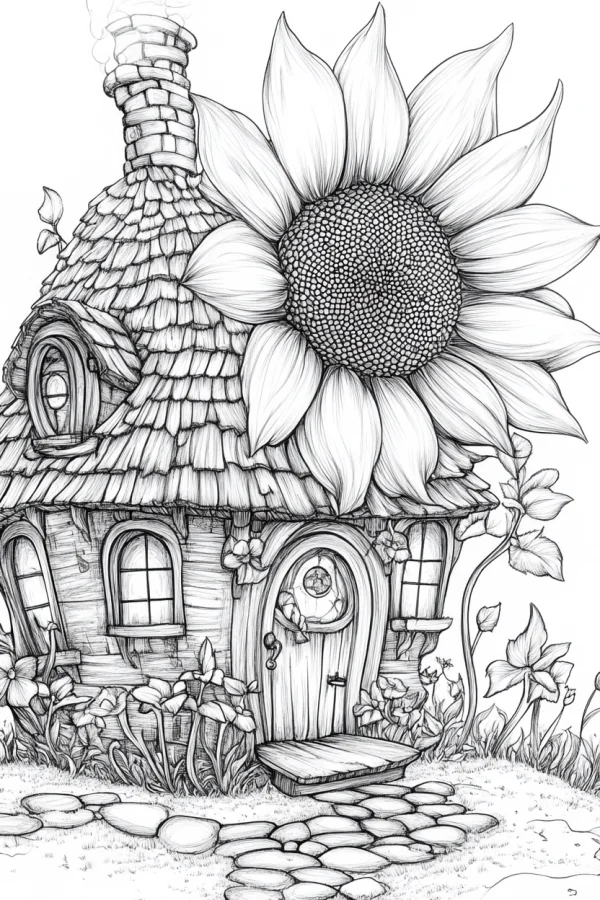 Sunflower fairy tale cottage, fairy tale style — free printable imagination coloring book page
