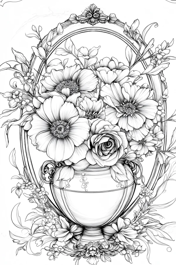 Decorative oval frame with flower-filled vase, art nouveau style — free printable flowers coloring book page
