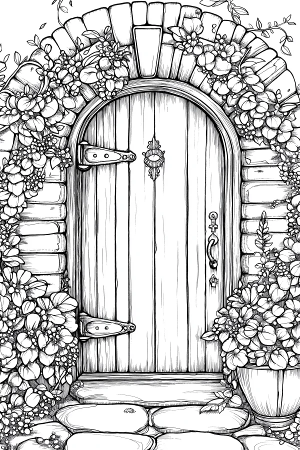 Fairytale-style arched wooden door, stone frame surrounded by blooming flowers and vines — free printable fairy tale coloring book page