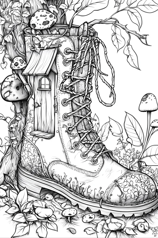 Fairy tale house shaped like a vintage boot, fantasy style — free printable fantasy coloring book page