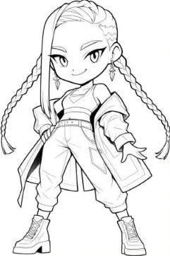 Cartoon braided fashion girl, anime style — free printable fashion coloring book page