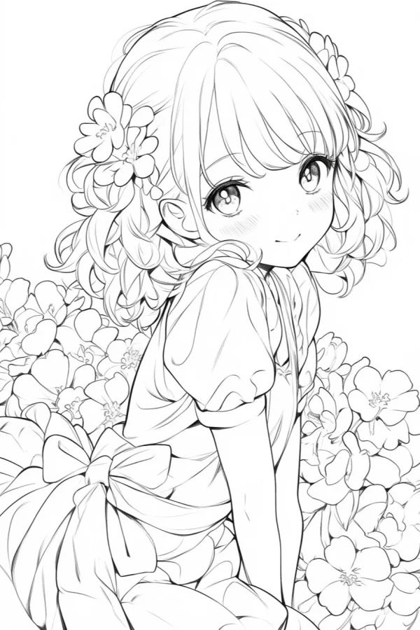 Cute cartoon girl with curly hair and flower hair accessories, sitting in blooming flower field — free printable flowers coloring book page