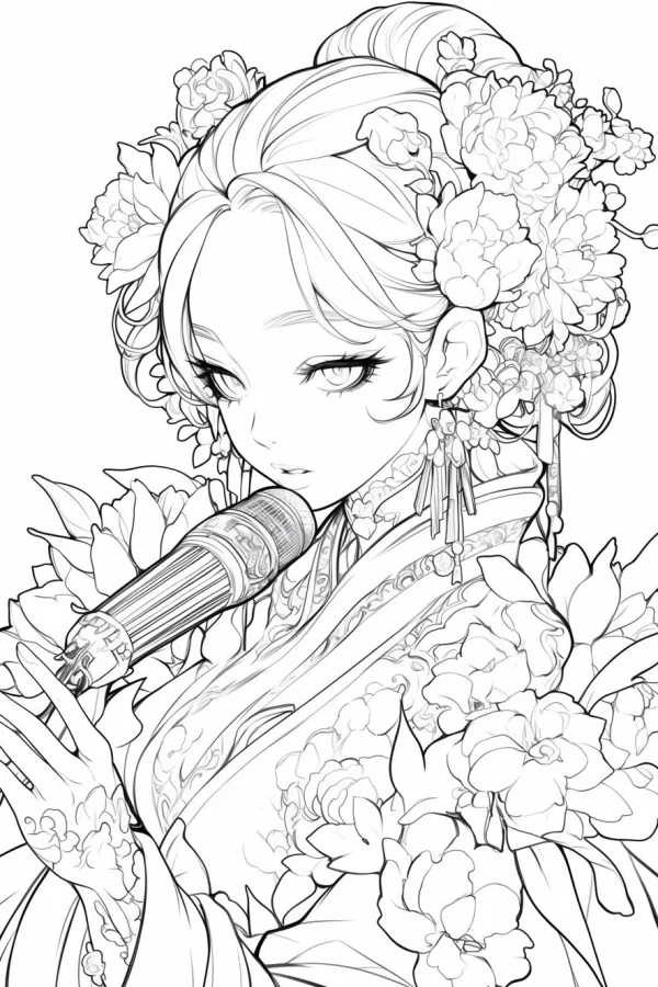 Ancient chinese style girl with peony flowers and tassel hairpins holding a microphone, anime line art style — free printable flowers coloring book page