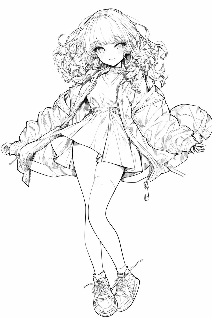 Anime curly-haired girl, cartoon anime style — anime style — moderate detail — line art coloring page — for kids and adults of all ages
