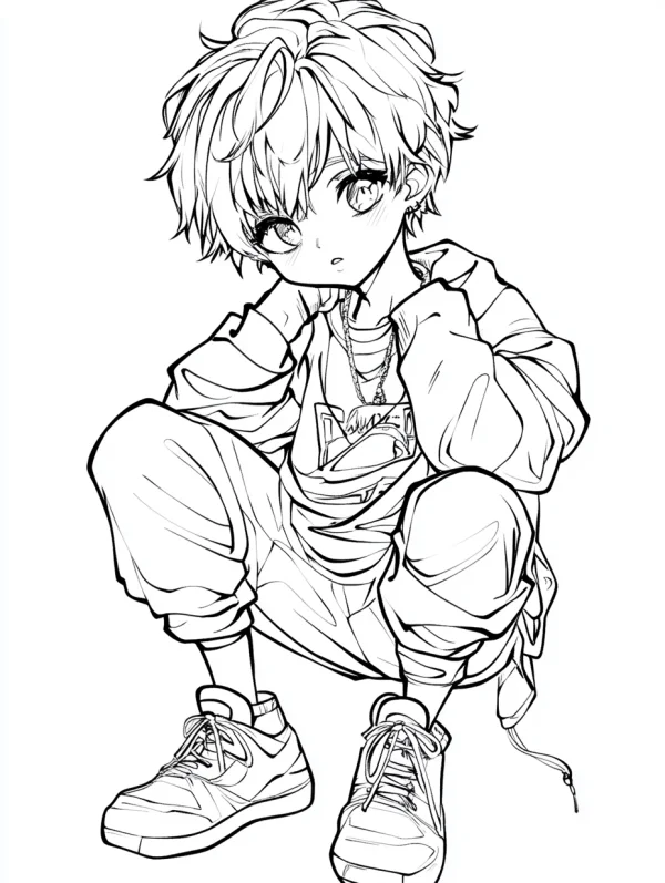 Cute squatting anime boy, cartoon anime style — free printable characters coloring book page