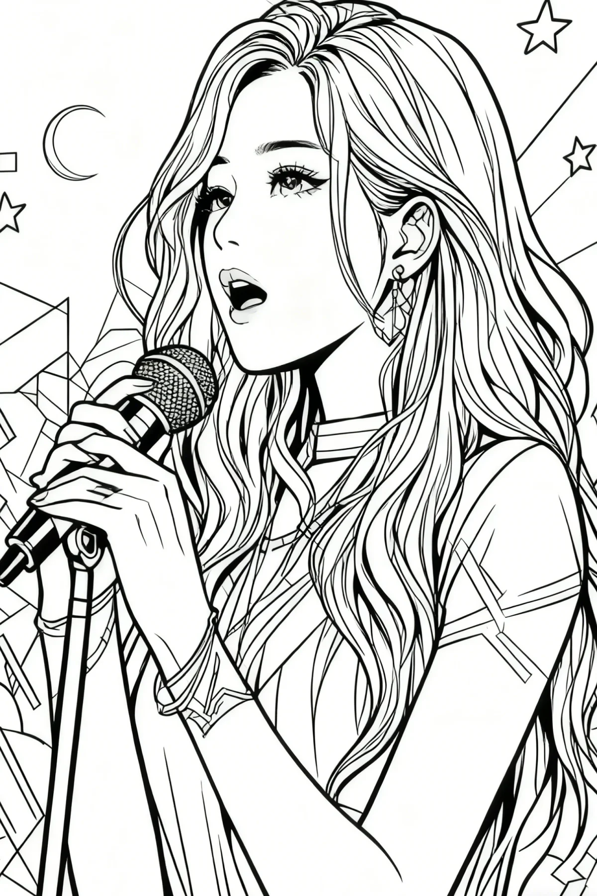 Long-haired girl singing with microphone, anime style — anime style — moderate detail — line art coloring page — for kids and adults of all ages