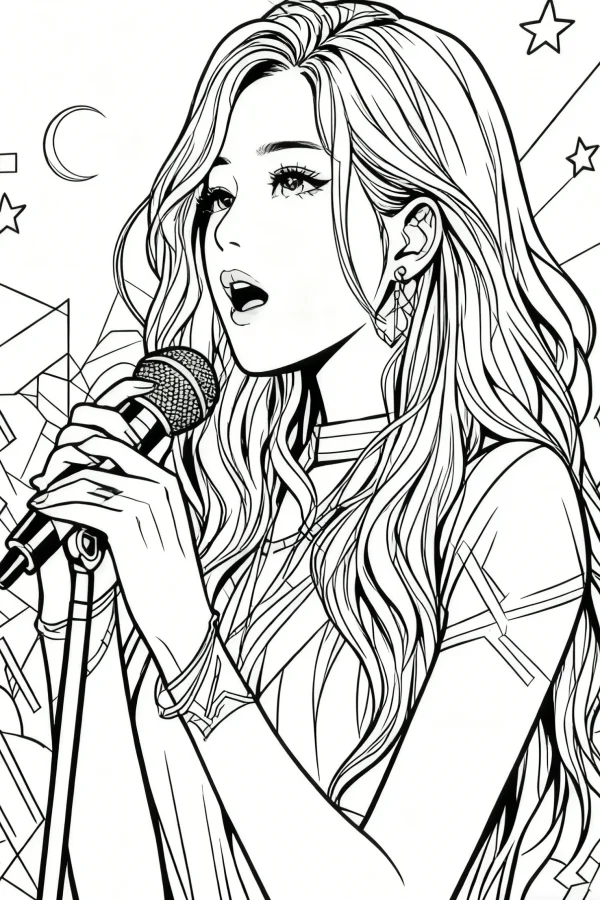 Long-haired girl singing with microphone, anime style — free printable characters coloring book page