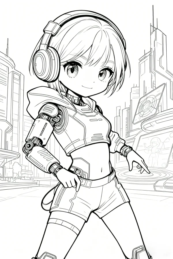 Anime cyberpunk mechanical girl with headphones, cartoon style — free printable sci-fi coloring book page