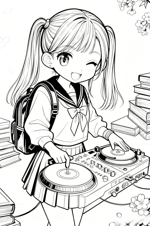 Cute twin-tailed school girl in sailor uniform operating dj turntable, japanese anime cartoon style — free printable flowers coloring book page
