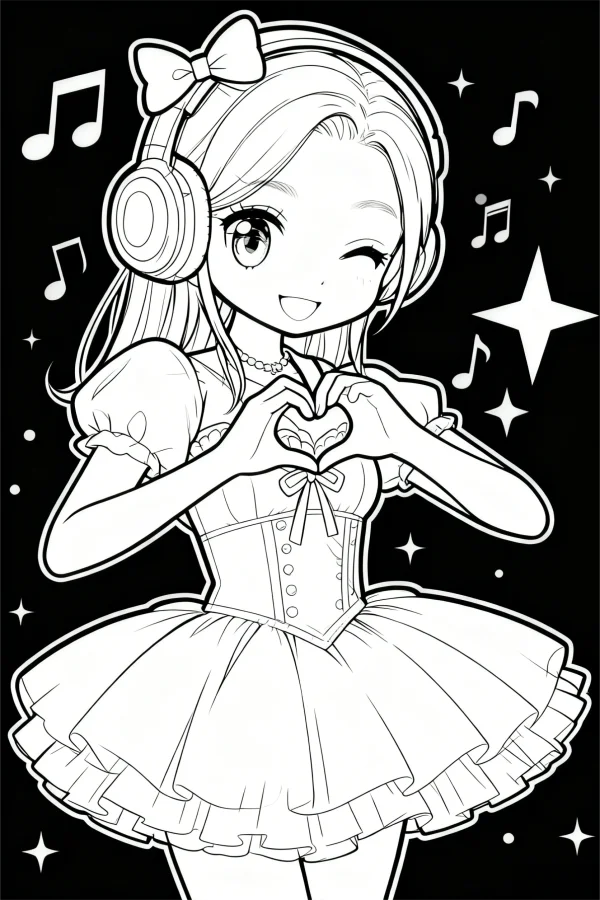 Cute cartoon girl making heart gesture with hands, wearing headphones and frilly dress with pearl necklace — free printable cartoon coloring book page