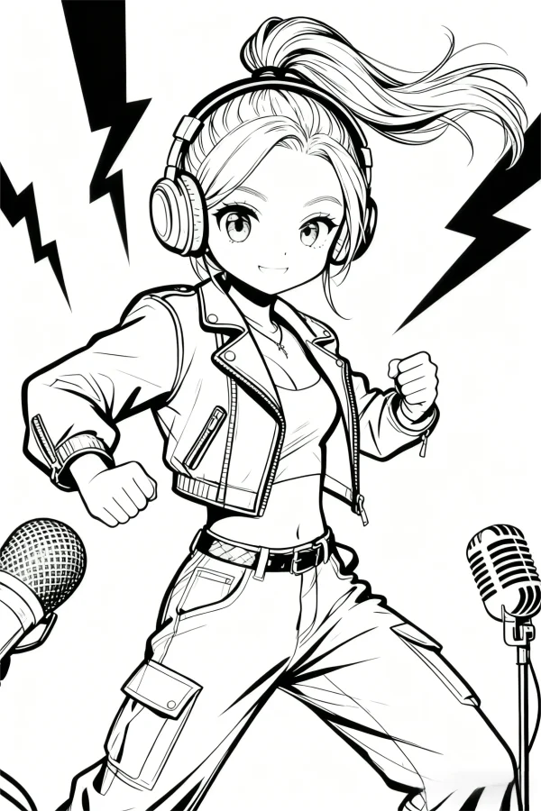 Cool girl with headphones in ponytail, cartoon anime style — free printable fashion coloring book page