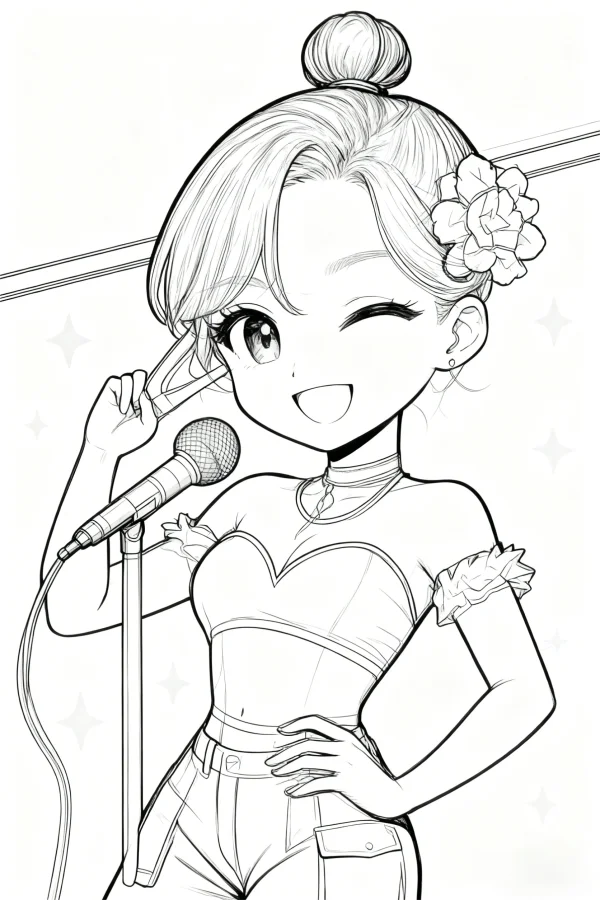 Cartoon girl holding microphone with a bun and flower in hair, anime cartoon style — free printable life coloring book page