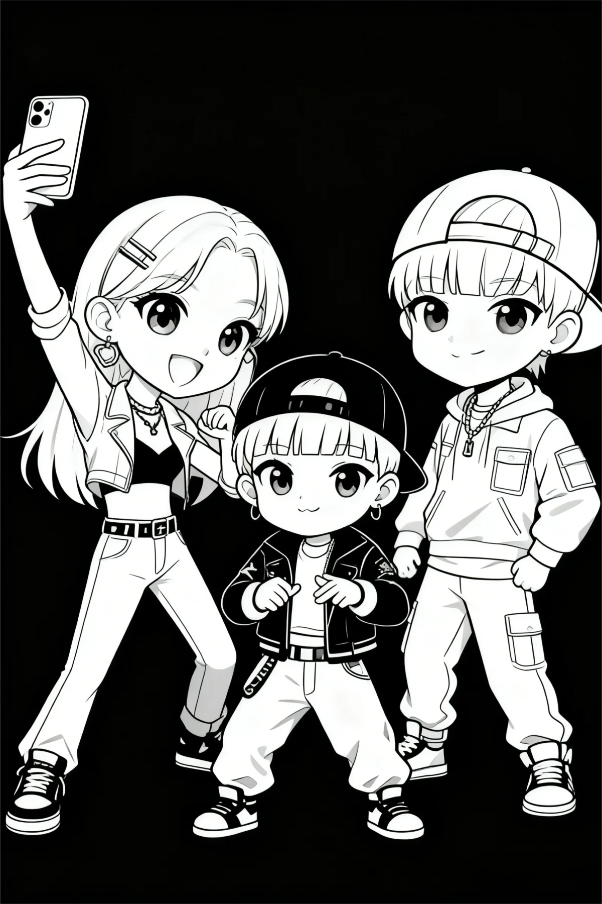 Coloring book page, hip-hop style chibi three-person group taking selfie — cartoon style — moderate detail — line art coloring page — for kids and adults of all ages
