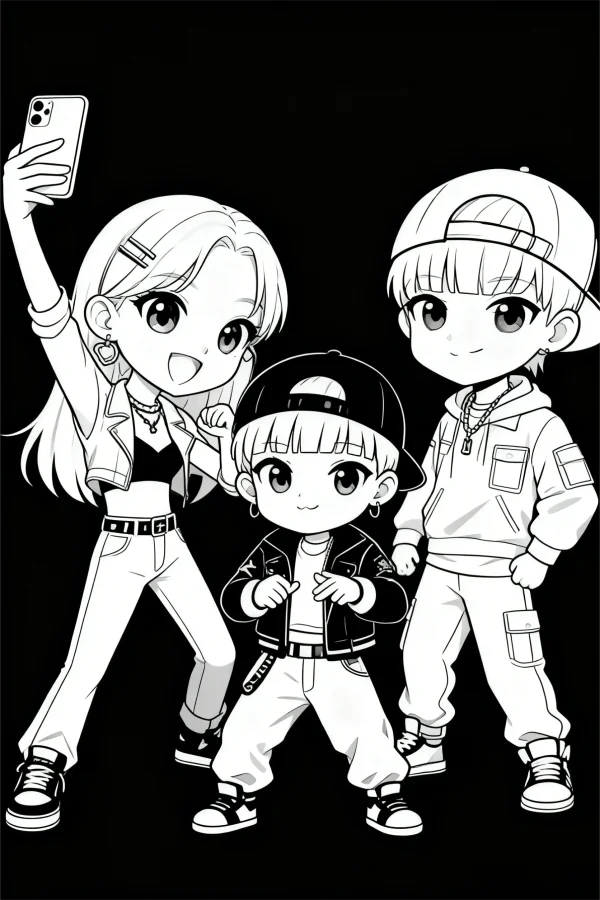 Coloring book page, hip-hop style chibi three-person group taking selfie — free printable fashion coloring book page