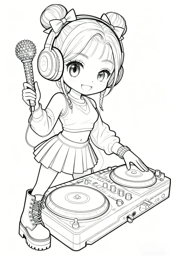 Cartoon chibi dj girl with double bun hairstyle and bows, wearing headphones — free printable life coloring book page