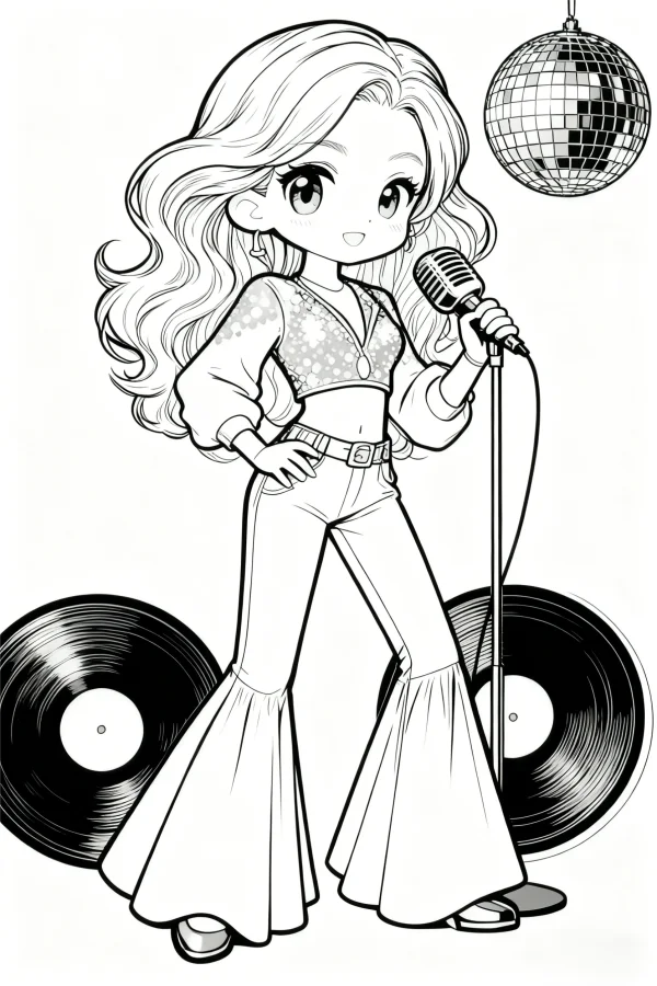 Retro style cartoon singing girl holding a vintage microphone, with disco ball and vinyl records in background — free printable vintage coloring book page