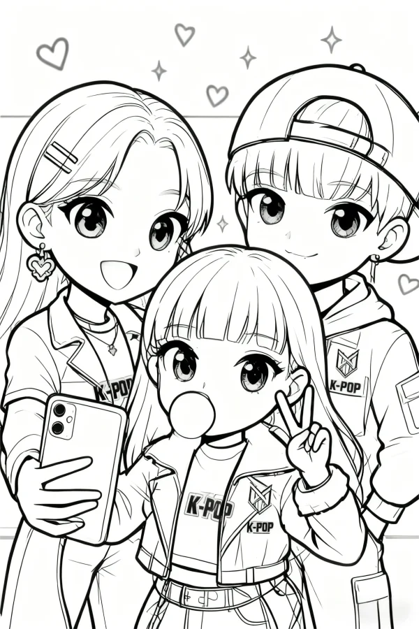 Cute k-pop cartoon characters taking a selfie, cartoon style — free printable life coloring book page