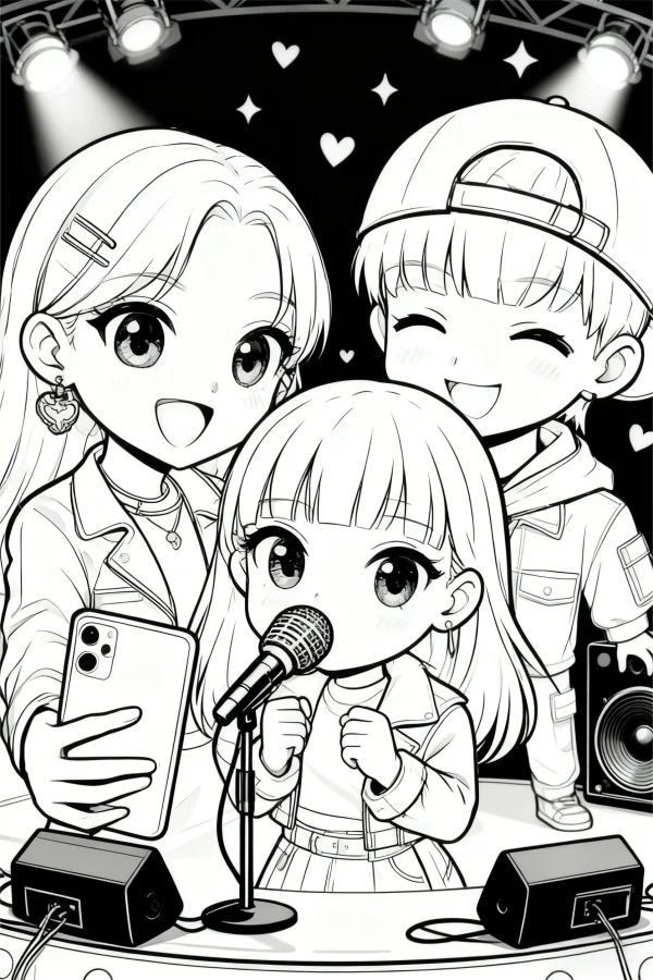 Three cute cartoon kids taking selfie on stage with microphone, chibi anime style — free printable friendship coloring book page