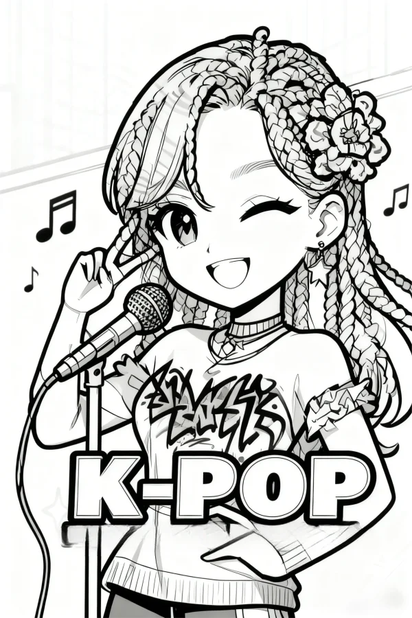 Cute k-pop cartoon girl with braided hair and flower hair accessory, making a peace sign — free printable cartoon coloring book page