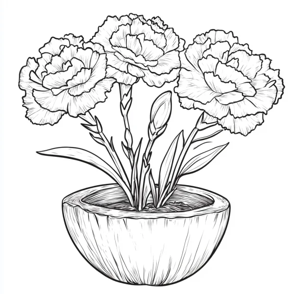 Potted carnations, realistic sketch style — free printable flowers coloring book page