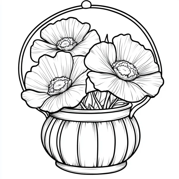 Three flowers in a ribbed basket, botanical line art style — free printable flowers coloring book page