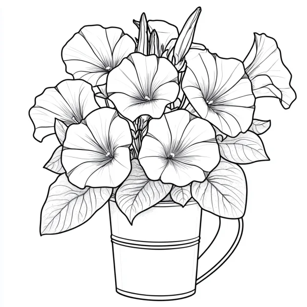 Morning glories in a metal watering can, realistic sketch style — free printable flowers coloring book page