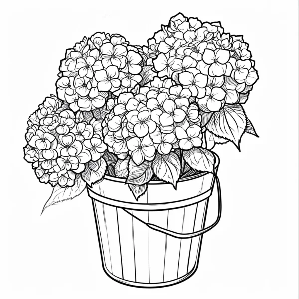 Coloring book page, hydrangeas in a wooden bucket — free printable flowers coloring book page
