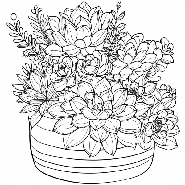 Succulent plant arrangement in a striped pot, botanical line art style — free printable plants coloring book page