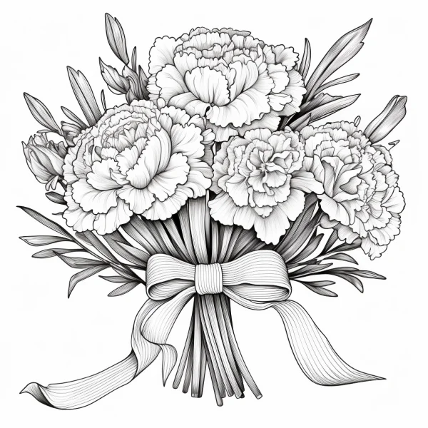 Detailed carnation bouquet with bow, buds and leaves — free printable plants coloring book page