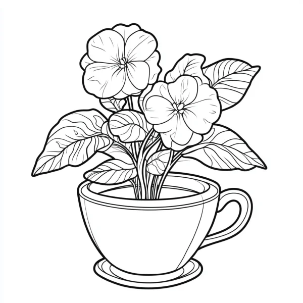 Potted flowers in a teacup, cartoon style — free printable plants coloring book page