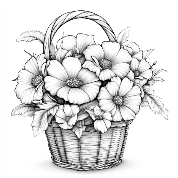 Flower basket filled with various flowers and leaves, realistic sketch style — free printable flowers coloring book page