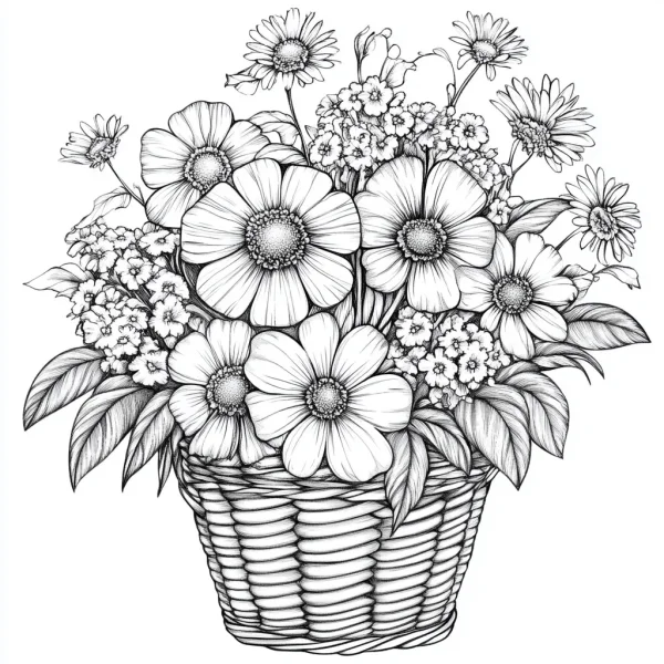 Woven basket filled with daisies and small clustered flowers, realistic line art style — free printable flowers coloring book page