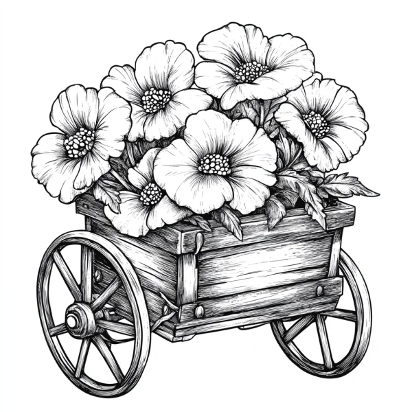 Flowers in a wooden cart, sketch and realistic style — free printable plants coloring book page