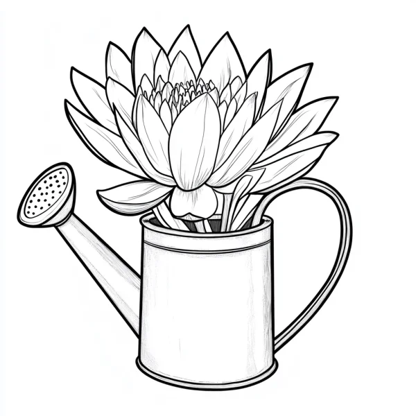 Lotus in watering can, line art style — free printable flowers coloring book page