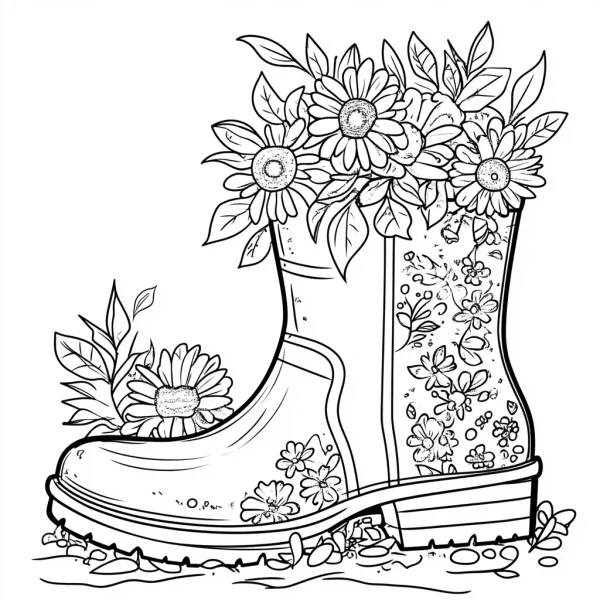 Rubber boot with daisy flowers and leaves, realistic line art style — free printable flowers coloring book page