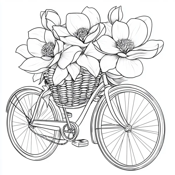 Bicycle with magnolia flowers in wicker basket, realistic line art style — free printable flowers coloring book page