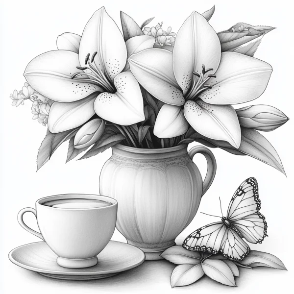 Still life with lily bouquet in vase, teacup with saucer — free printable life coloring book page