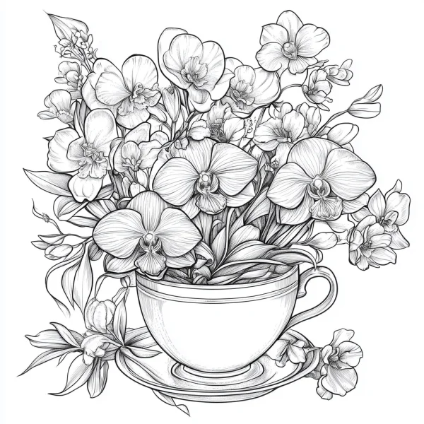 Orchid bouquet in teacup with saucer, realistic line art style — free printable life coloring book page