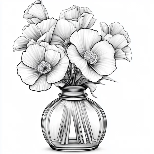 Bouquet of flowers in glass vase, realistic style — free printable nature theme coloring book page