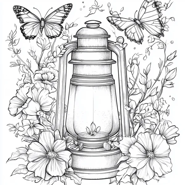 Coloring book page, vintage oil lantern surrounded by blooming flowers and butterflies — free printable flowers coloring book page