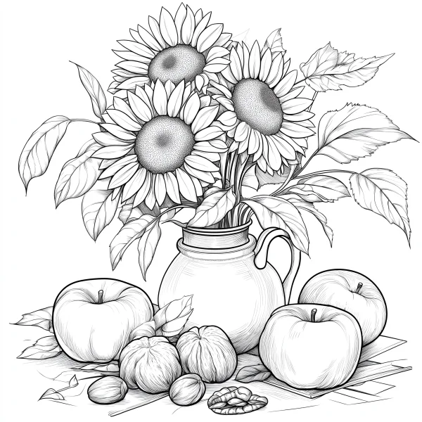 Still life composition with sunflowers in a clay pitcher, apples and walnuts on a wooden table — free printable flowers coloring book page