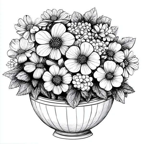 Flower bouquet in a bowl-shaped planter, sketch style — free printable flowers coloring book page