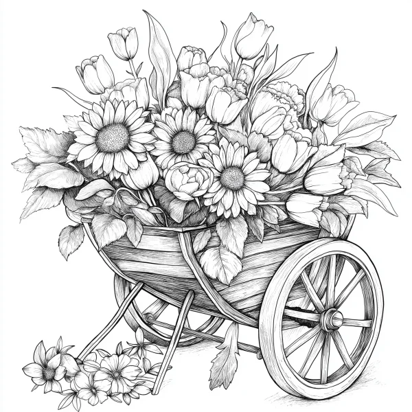 Wheelbarrow filled with sunflowers, tulips and daisies — free printable flowers coloring book page