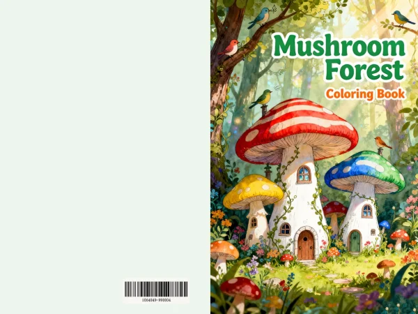 Coloring book cover, fairy tale mushroom house forest scene — free printable coloring page