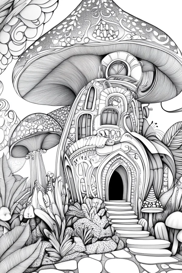 Fantasy mushroom house, fairy tale and whimsical style — free printable fantasy coloring book page