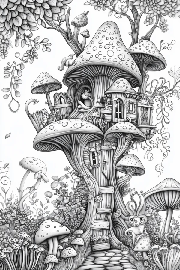 Mushroom tree house with fantasy small animals like squirrel and magical rabbit, fairy tale fantasy style — free printable animals coloring book page