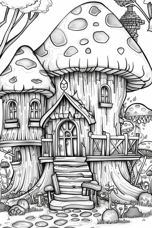 Mushroom fairy tale cottage, cartoon fairy tale style — free printable fantasy coloring book page